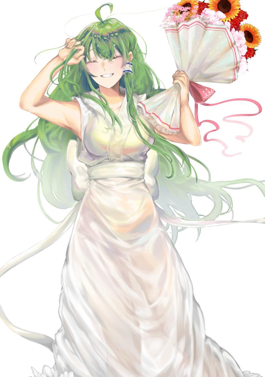 1girl, ahoge, alternate_costume, blush, boquet, bow, breasts, closed