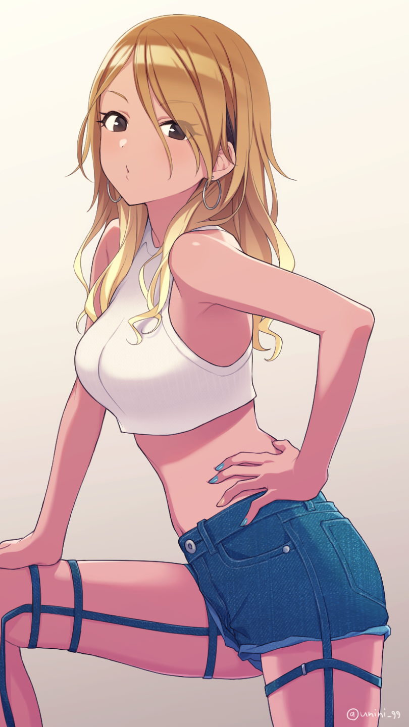 1girl, agata_(agatha), armpits, bangs, bare_shoulders, black_eyes, blonde_hair, blush