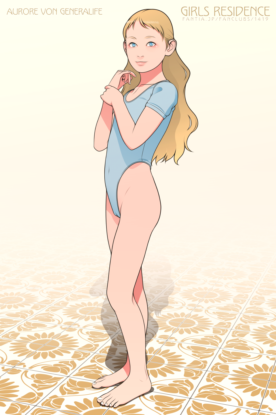 1girl, aurore_(takatou_sora), barefoot, blonde_hair, blue_eyes, character_name, covered_navel, full_body