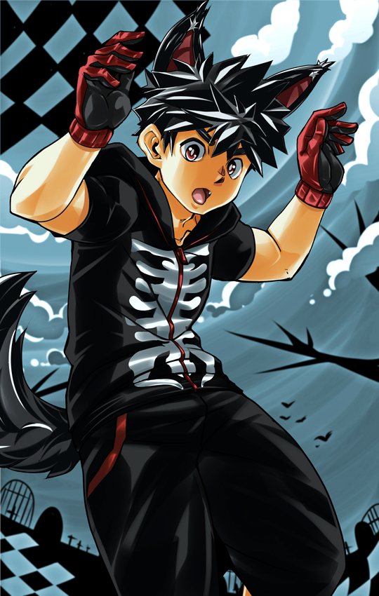 1boy, :o, animal_ears, black_hair, black_hoodie, black_pants, blue_background, checkered