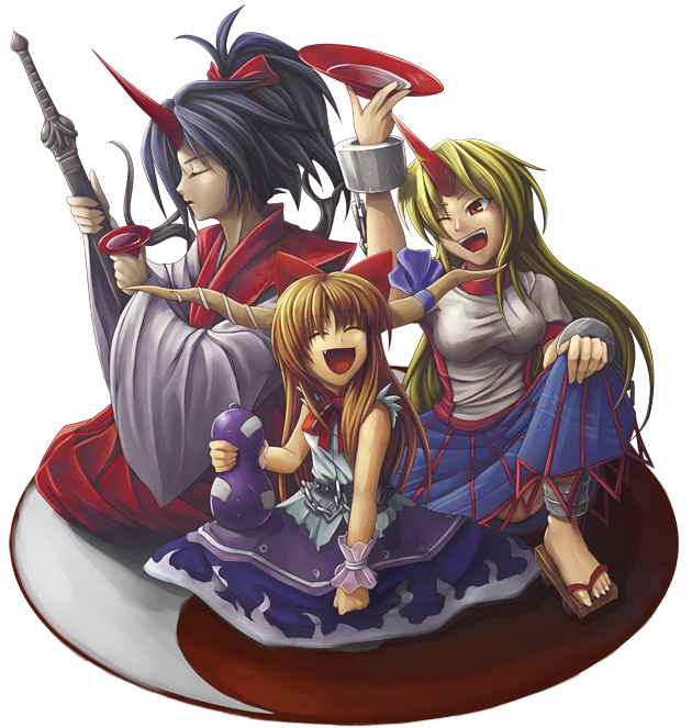 breasts, brown_hair, faux_figurine, hakama, horn, horns, hoshiguma_yugi, hoshiguma_yuugi, ibuki_suika, japanese_clothes, kataginu, kimono, konngara, koto_tsubane, long_hair, oni, red_eyes, sakazuki, touhou, touhou_(pc-98)