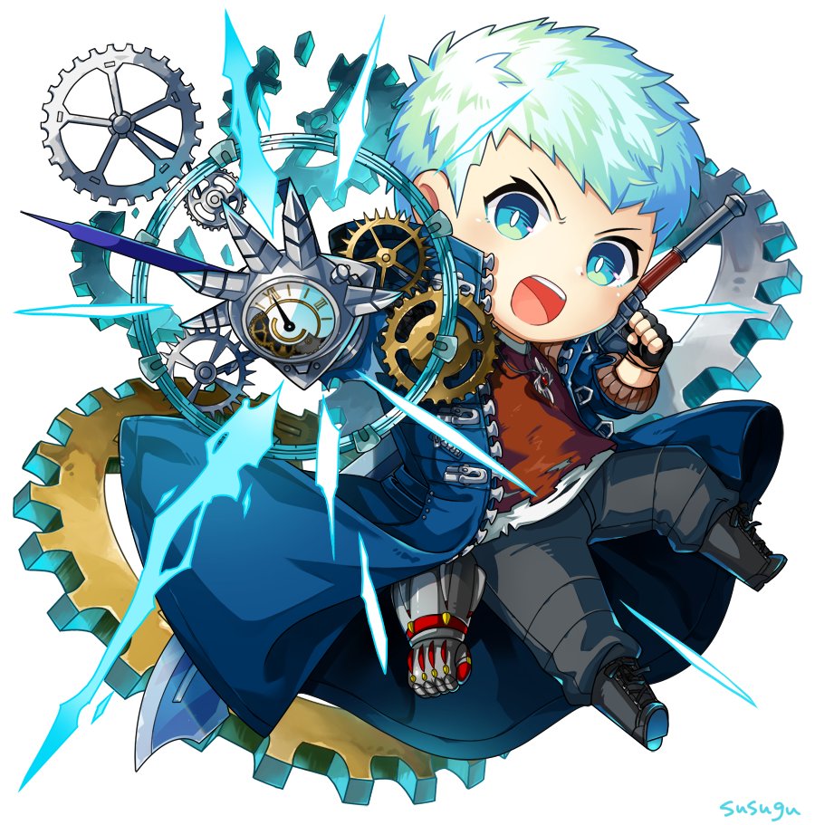 1boy, asa02, black_footwear, black_gloves, blue_coat, blue_eyes, blush, bracelet