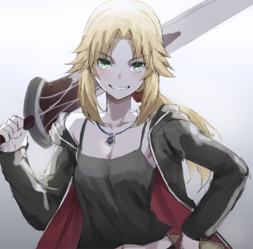1girl, artoria_pendragon_(all), backlighting, bangs, black_camisole, black_jacket, blonde_eyebrows, blonde_hair