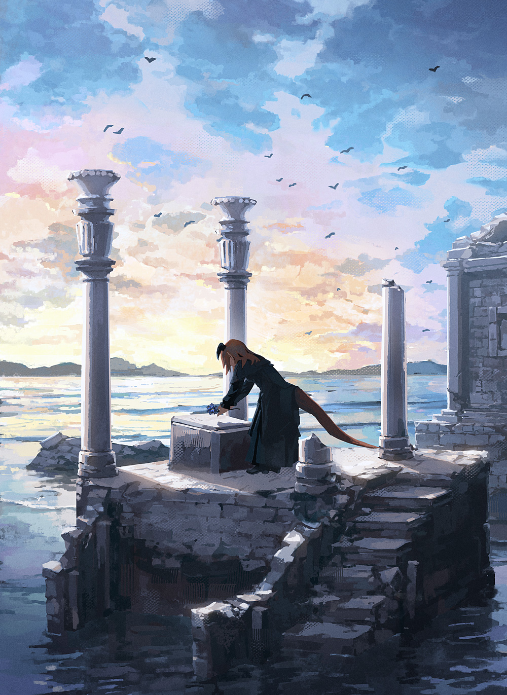 1girl, black_dress, blue_flower, brown_hair, clouds, cloudy_sky, dragon_girl, dress