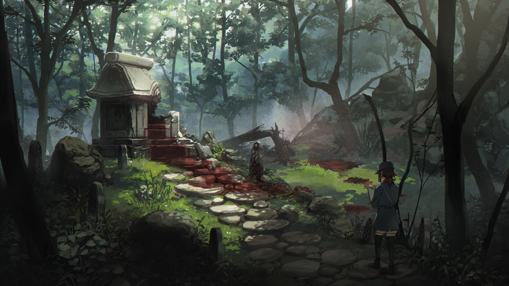1girl, black_legwear, blood, brown_hair, forest, grass, hat, holding