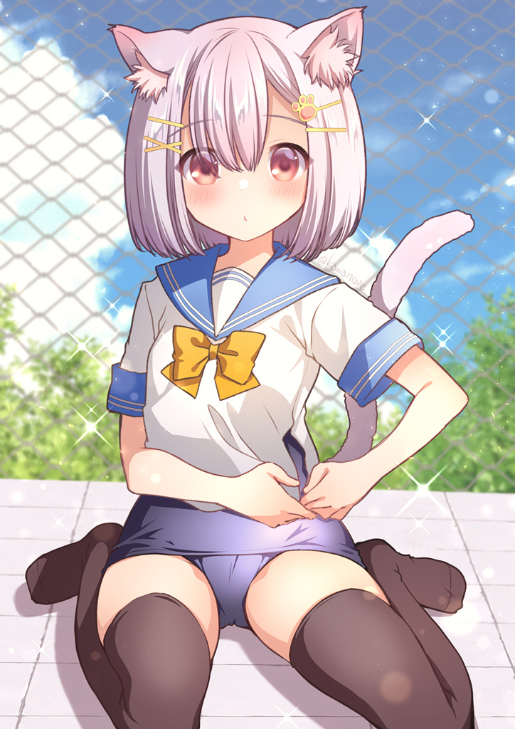 1girl, animal_ear_fluff, animal_ears, black_legwear, bow, cat_ears, cat_tail, chain-link_fence