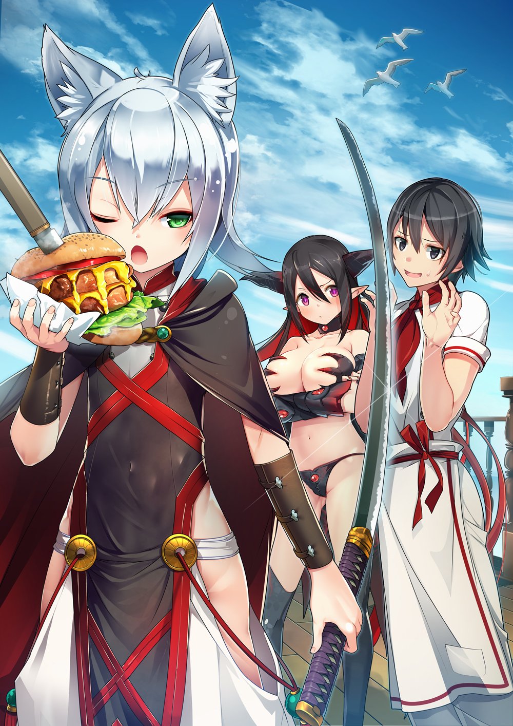 1boy, 2girls, ;o, animal_ear_fluff, animal_ears, armor, bangs, bare_shoulders, bikini, bikini_armor, bird, black_bikini, black_cloak, black_hair, black_legwear, blue_sky, blush, breasts, bridgeless_bra, character_request, cloak, clouds, collarbone, crossed_arms, demon_girl, demon_horns, eyebrows_visible_through_hair, fence, flat_chest, food, green_eyes, hair_between_eyes, hakama, hamburger, highleg, highleg_bikini, highres, holding, holding_food, holding_sword, holding_weapon, horns, japanese_clothes, katana, kitchen_knife, large_breasts, long_hair, looking_at_another, maoujou_no_chef, multicolored_hair, multiple_girls, navel, novel_illustration, official_art, one_eye_closed, open_mouth, pelvic_curtain, pointy_ears, redhead, revealing_clothes, reverse_grip, short_hair, sidelocks, silver_hair, sky, standing, stomach, swimsuit, sword, thigh-highs, two-tone_hair, vambraces, very_long_hair, violet_eyes, weapon, white_hakama, yamacchi