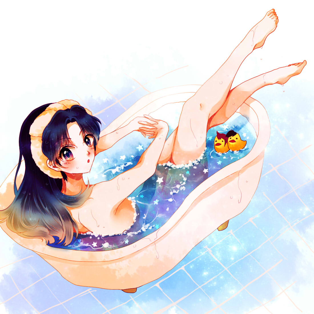 1girl, afloat, bathtub, black_eyes, black_hair, crystal_(pokemon), gold_(pokemon), hibikileon, long_hair, looking_at_viewer, looking_back, nude, pokemon, pokemon_special, rubber_duck, silver_(pokemon), solo_focus