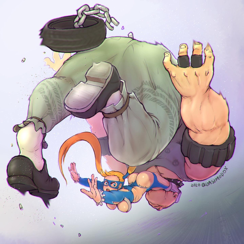 1boy, 1girl, abigail_(final_fight), armlet, ass, blue_eyes, breasts, collar