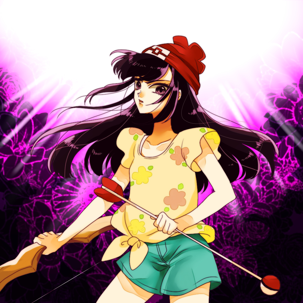 1girl, arrow, bangs, bow_(weapon), collarbone, eyelashes, flat_chest, floral_background
