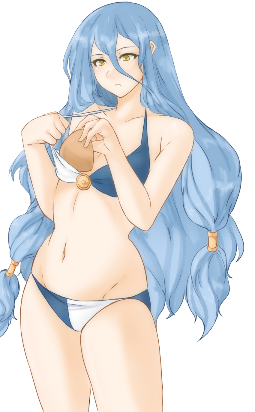 1girl, aqua_(fire_emblem_if), azura_(fire_emblem), bare_shoulders, bikini, blue_hair, blush, breast_padding