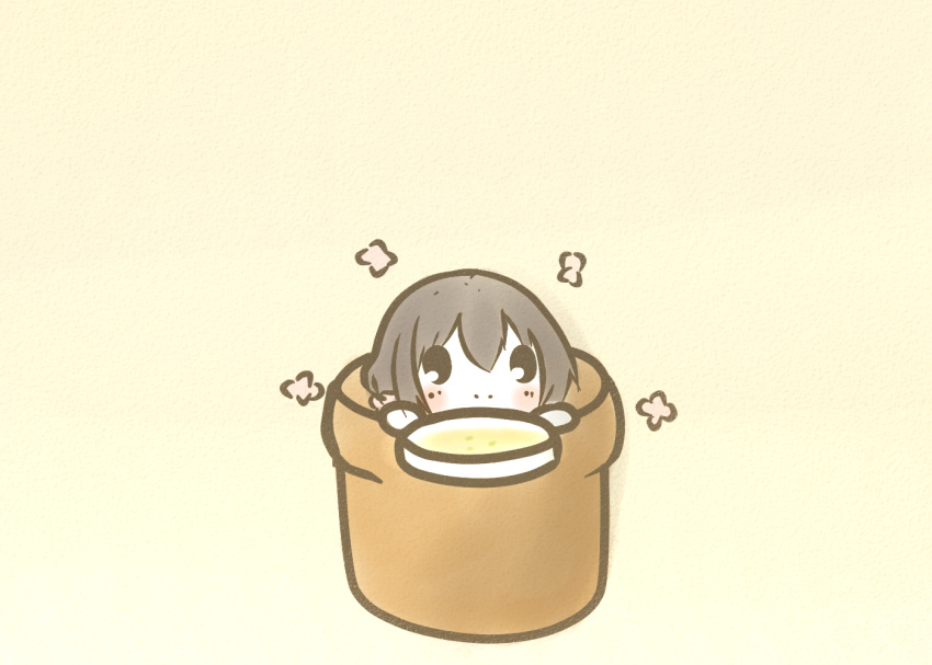 1girl, beige_background, black_hair, blush, chibi, flower_knight_girl, flower_pot, holding