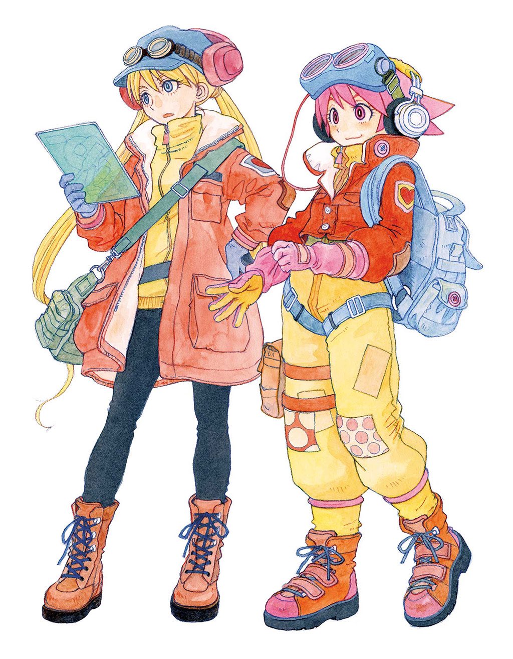 2girls, adjusting_clothes, adjusting_gloves, azuma_kiyohiko, backpack, bag, bangs, blonde_hair