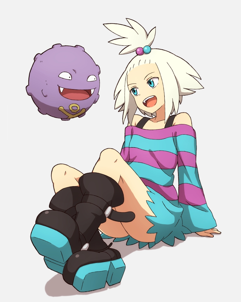 1girl, bare_shoulders, blue_eyes, boots, dress, forehead, gen_1_pokemon, hair_bobbles