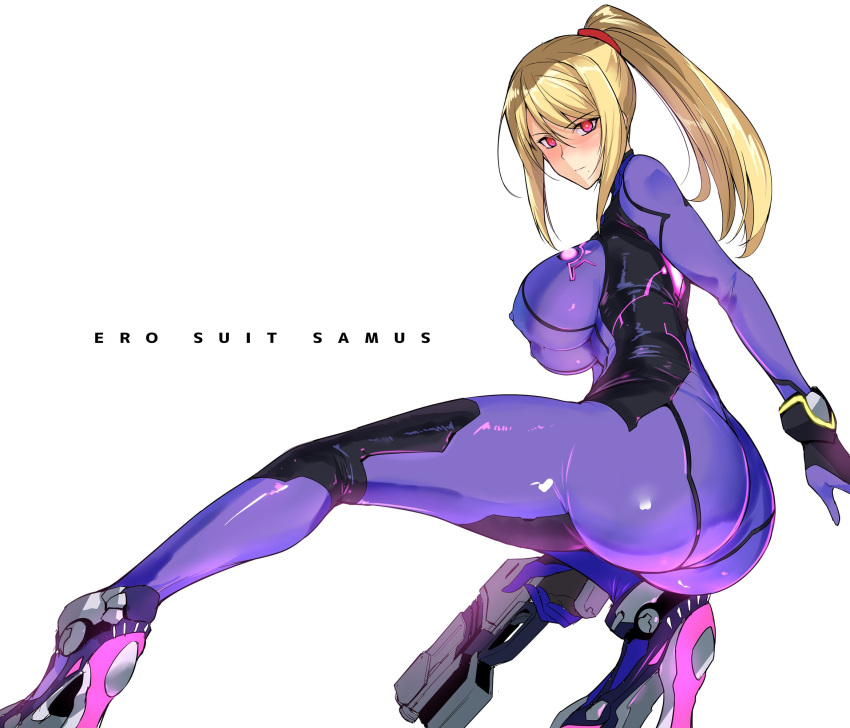1girl, alternate_color, ass, bangs, blonde_hair, blue_bodysuit, blush, bodysuit