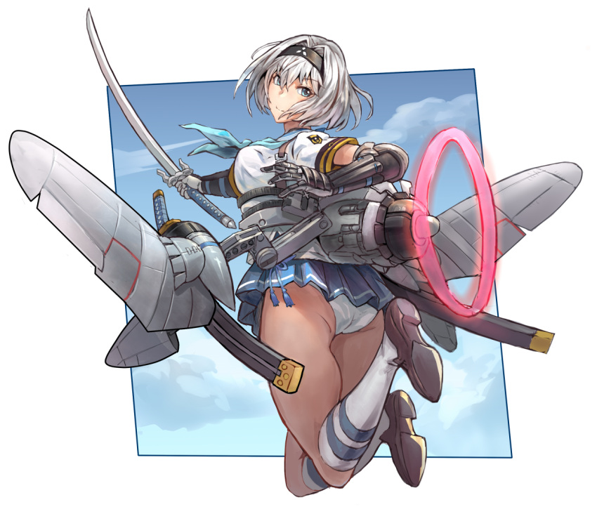 1girl, a6m_zero_(ash_arms), aircraft, airplane, aqua_neckwear, ash_arms, ass, bangs