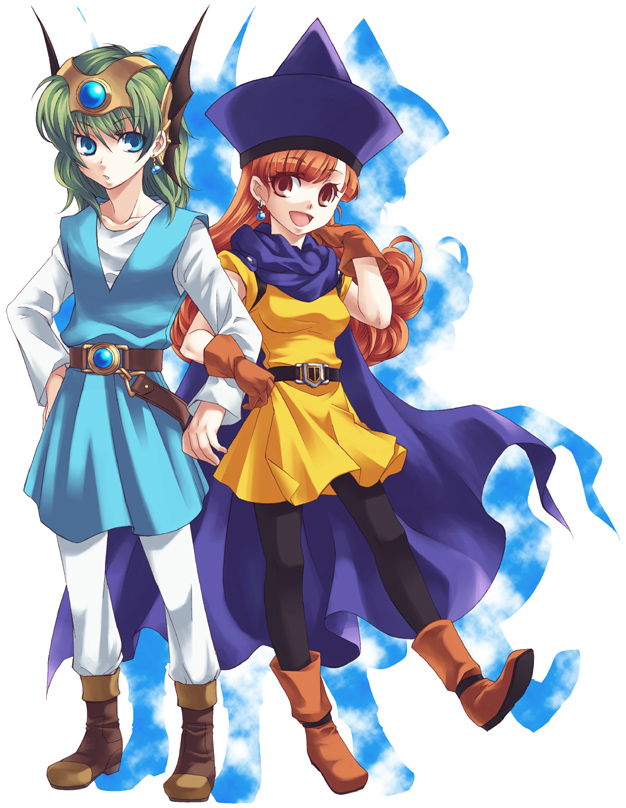 alena_(dq4), arm_holding, arm_in_arm, blue_eyes, boots, cape, dragon_quest, dragon_quest_iv