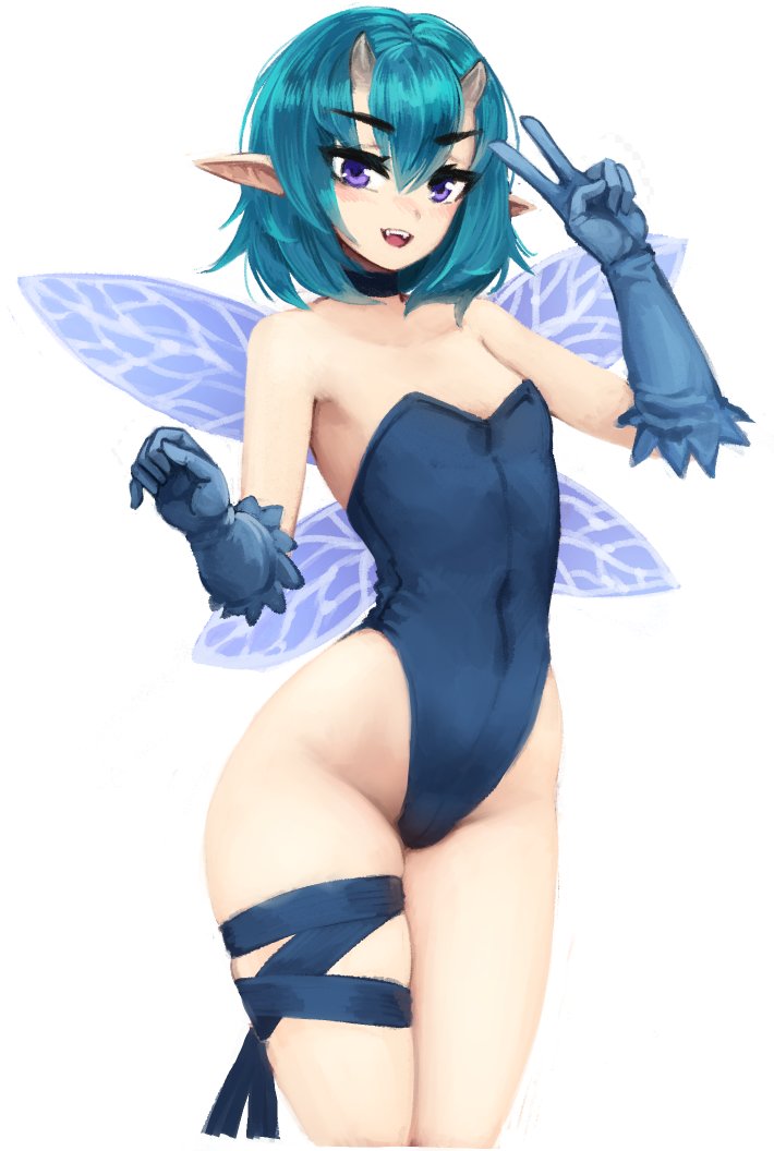 1girl, :d, bangs, barbariank, bare_shoulders, blue_gloves, blue_hair, blue_leotard