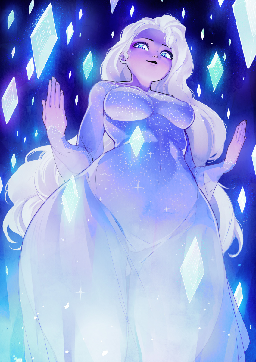 1girl, absurdres, ass_visible_through_thighs, blue_eyes, breasts, covered_navel, crystal, curvy, dark_background, dress, elsa_(frozen), from_below, frozen_(disney), frozen_2, frozen_ii_(disney), gofa, highres, huge_filesize, ice, long_hair, looking_at_viewer, looking_down, medium_breasts, open_hands, paid_reward, patreon_reward, see-through, silver_hair, smile, solo, sparkle, thick_thighs, thighs, very_long_hair, wide_hips
