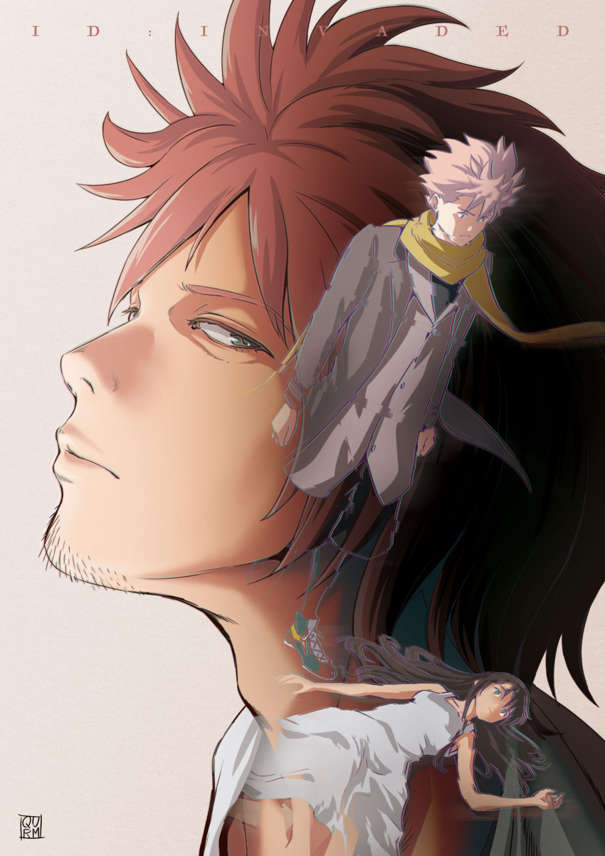 1girl, 2boys, absurdres, adam's_apple, artist_name, black_hair, dress, enpitsu_(pixiv631743)
