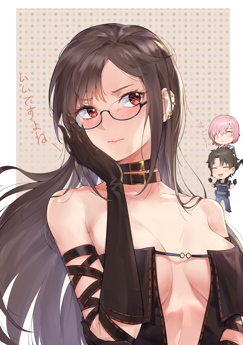 1boy, 2girls, absurdres, bangs, bare_shoulders, black_dress, black_gloves, blush