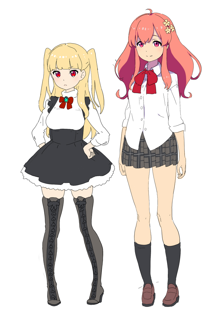ahoge, bangs, black_legwear, black_skirt, blonde_hair, blunt_bangs, boots, bow