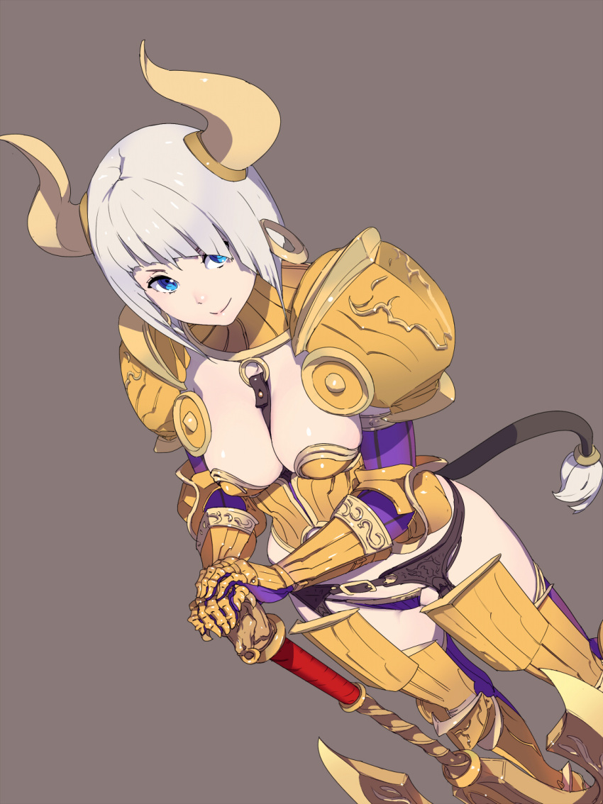1girl, armor, axe, battle_axe, bikini_armor, blue_eyes, breasts, closed_mouth