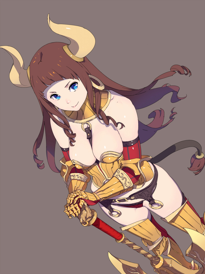 1girl, armor, axe, bangs, bare_shoulders, battle_axe, bikini_armor, blue_eyes