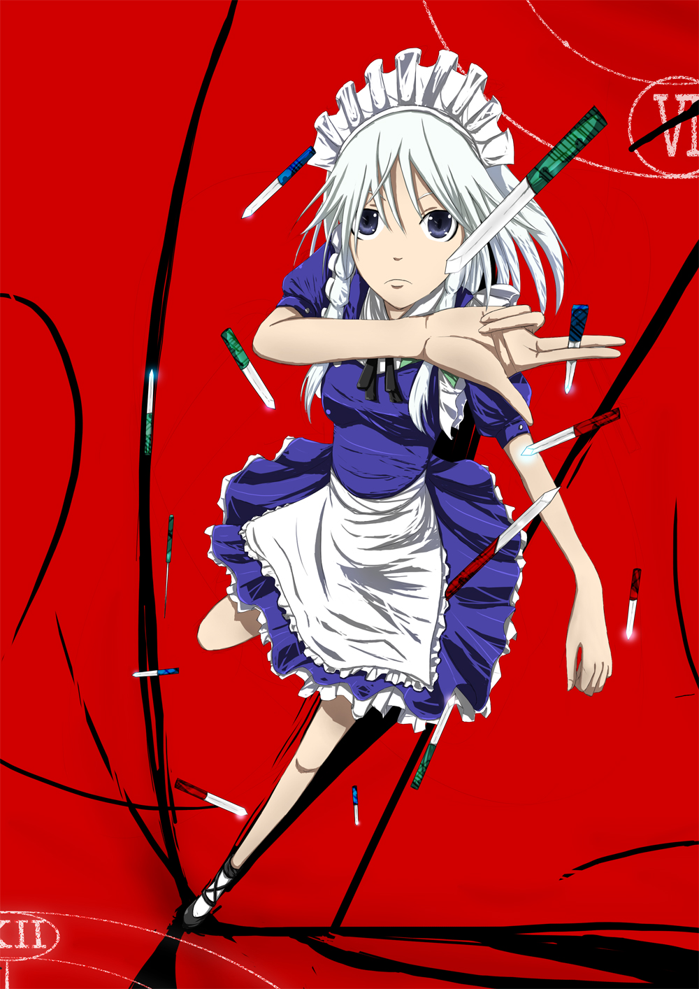 braid, highres, izayoi_sakuya, karu_mono, karukei, knife, maid, ribbon