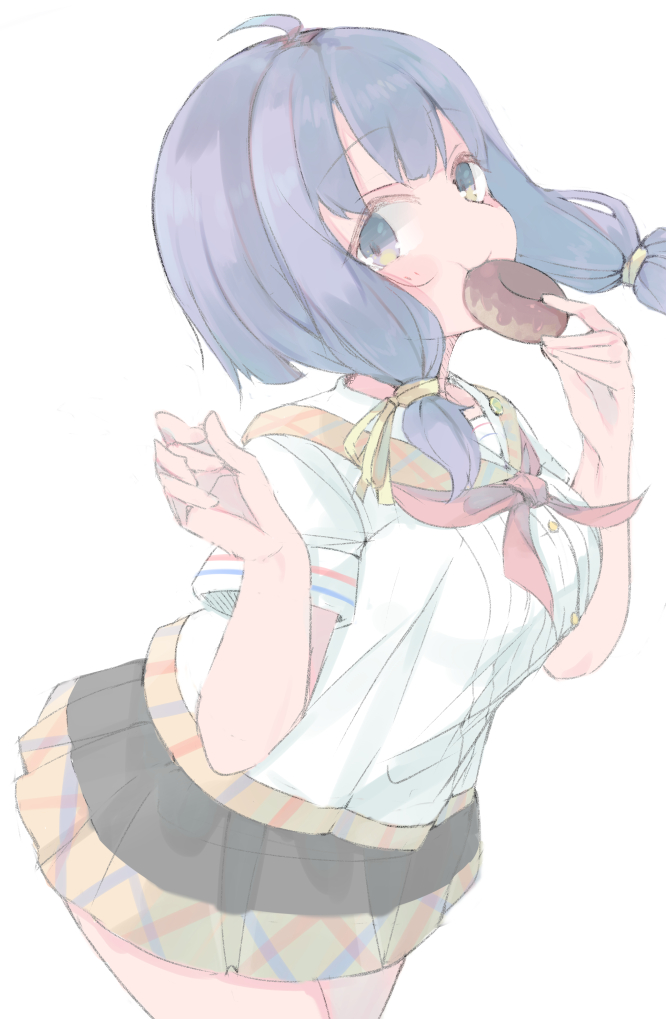 1girl, a_mineha, ahoge, blue_eyes, doughnut, eyebrows_visible_through_hair, food, hair_ribbon