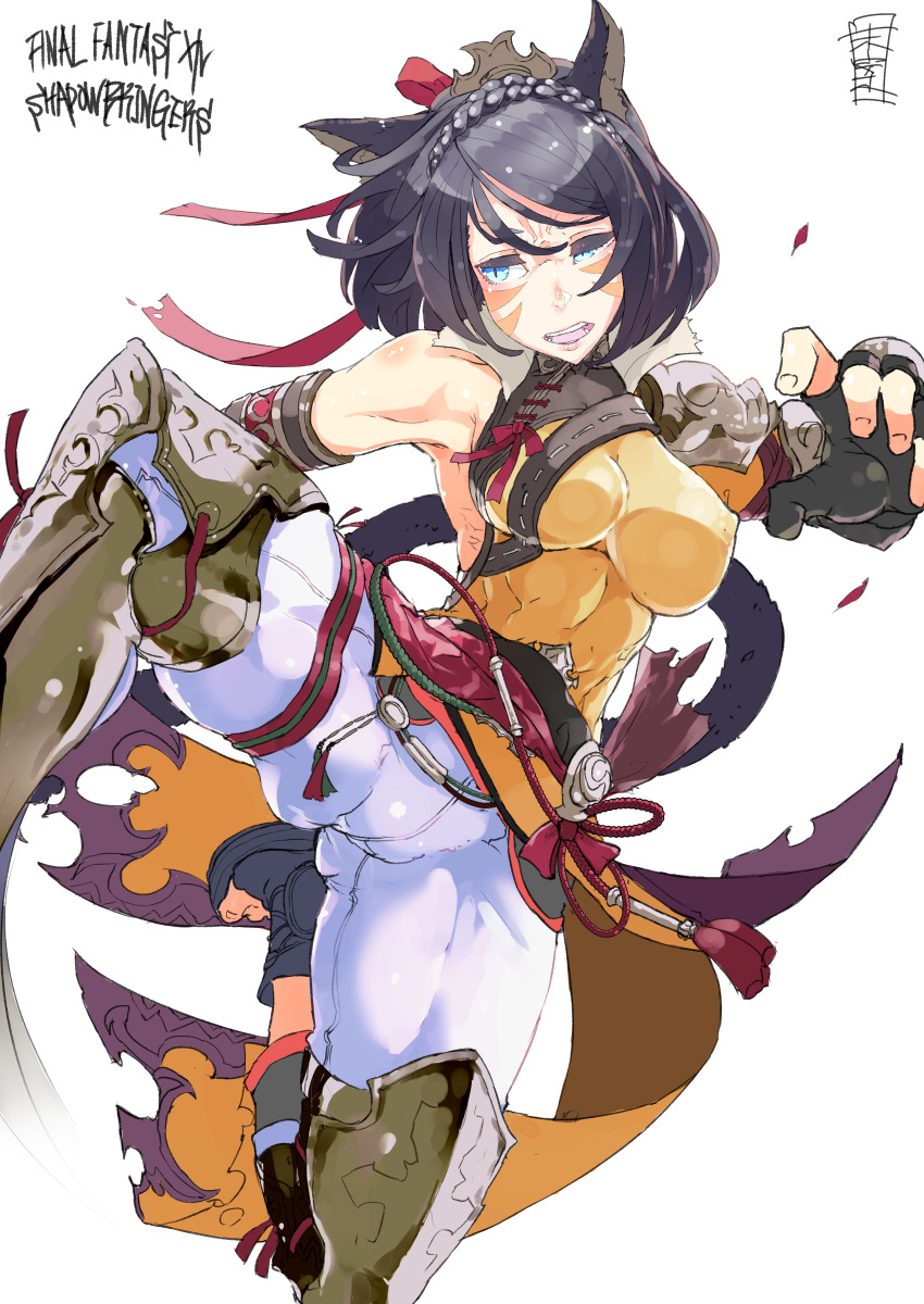 1girl, absurdres, animal_ears, armor, armpits, asymmetrical_clothes, attack, bare_shoulders