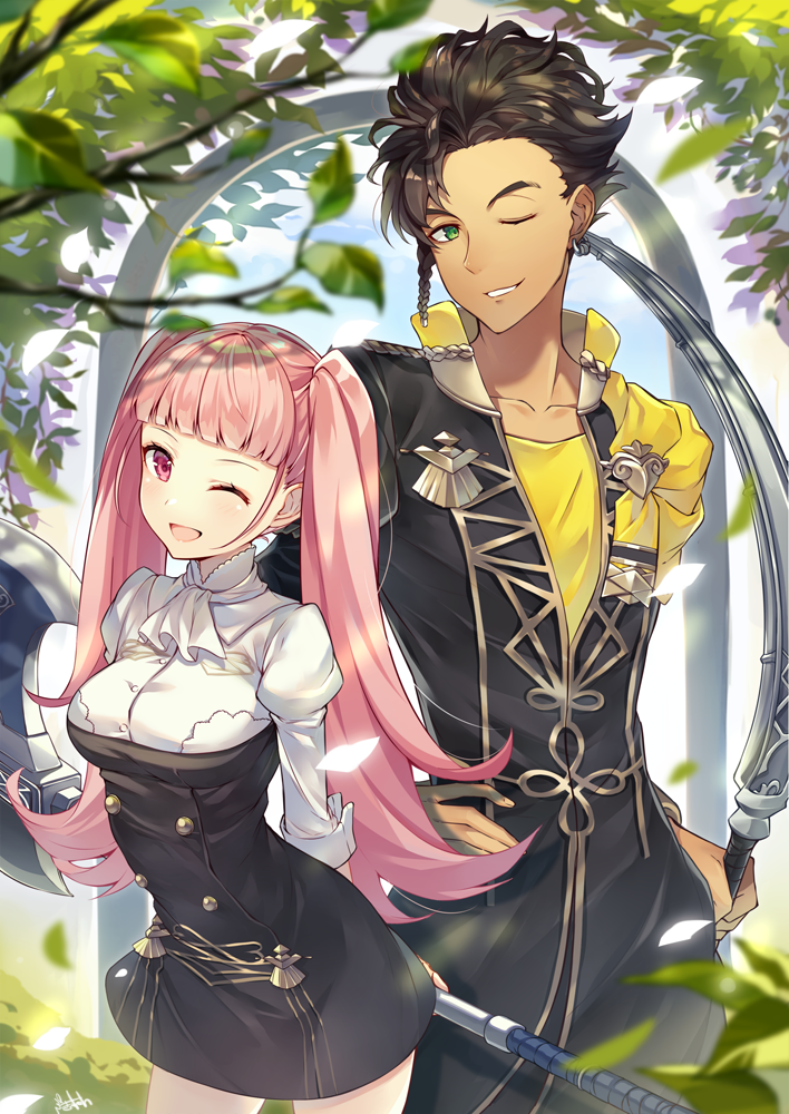 1boy, 1girl, axe, bangs, blunt_bangs, breasts, brown_hair, claude_von_riegan