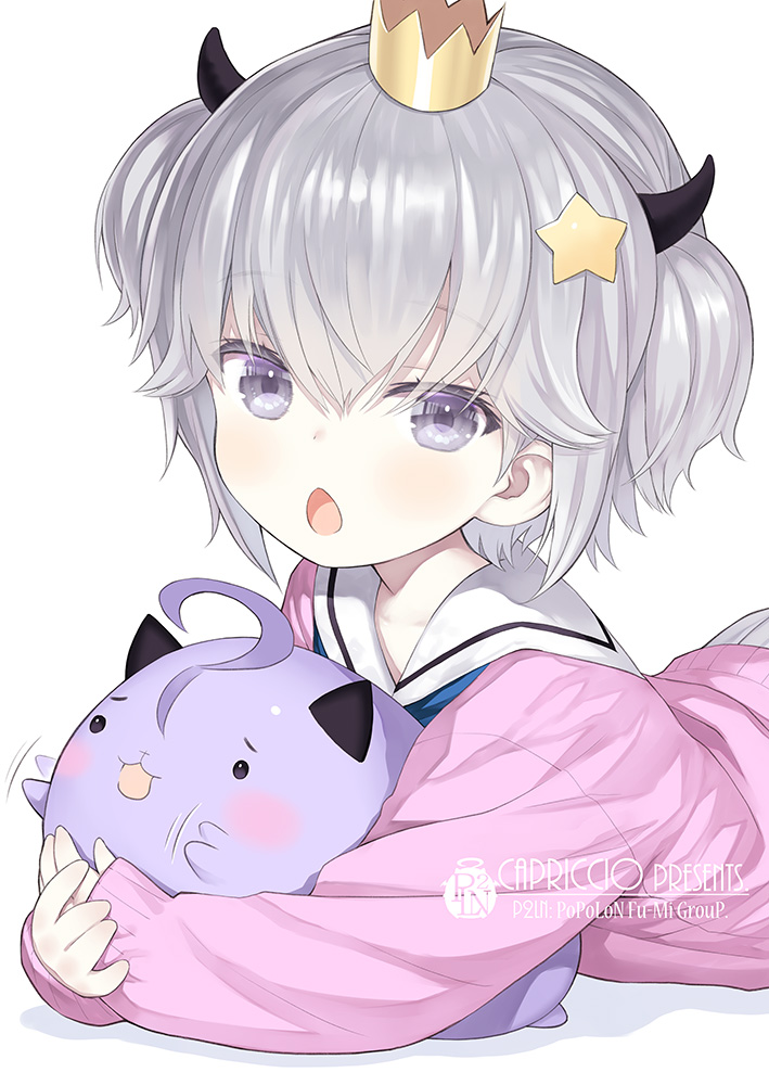 1girl, artist_name, bangs, blush, capriccio, commentary_request, crown, eyebrows_visible_through_hair