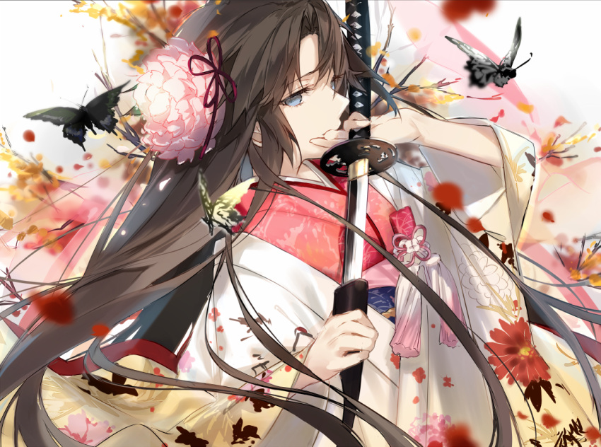 1girl, blue_eyes, brown_hair, bug, butterfly, drawing_sword, fate_(series), floral_print