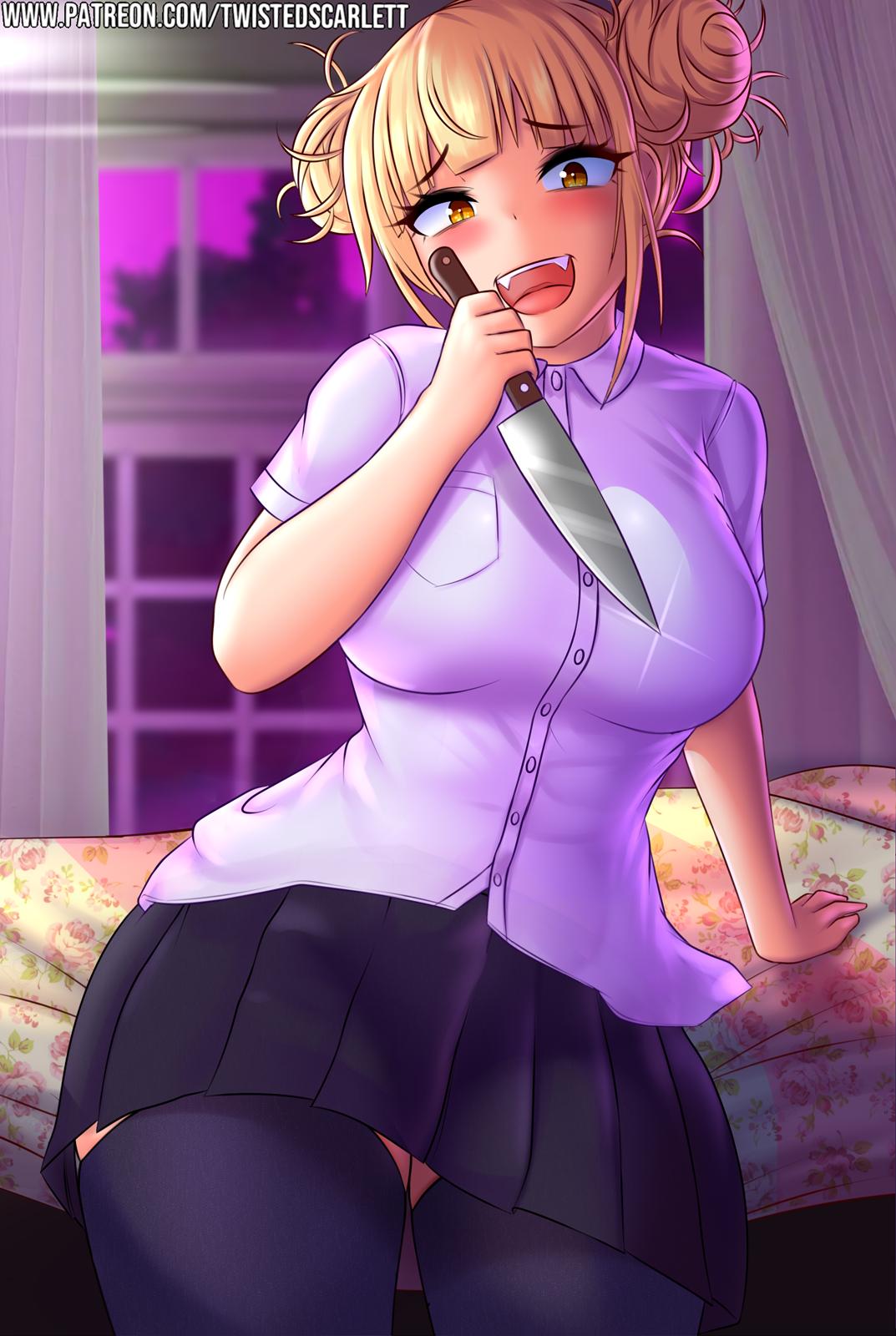 1girl, bangs, bed, black_legwear, blonde_hair, boku_no_hero_academia, breasts, double_bun