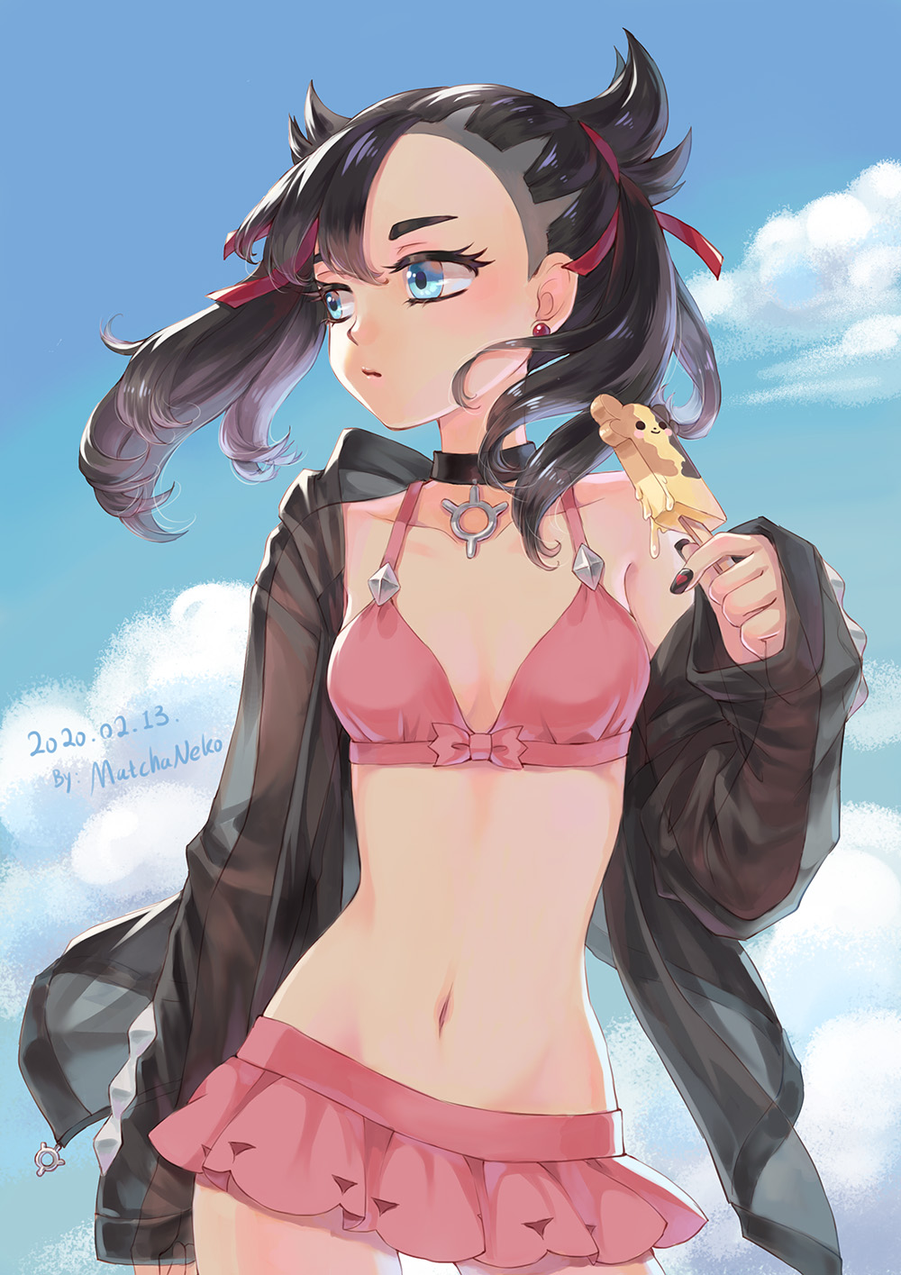 1girl, aqua_eyes, artist_name, asymmetrical_bangs, asymmetrical_hair, bangs, bare_shoulders, bikini, bikini_skirt, black_hair, black_jacket, black_nails, blue_sky, breasts, choker, commentary, dated, day, earrings, hair_ribbon, highres, jacket, jewelry, long_hair, long_sleeves, looking_to_the_side, mary_(pokemon), matchaneko, morpeko, navel, outdoors, pink_bikini, pink_bikini_bottom, pink_bikini_top, pokemon, pokemon_(game), pokemon_swsh, red_ribbon, ribbon, sky, small_breasts, solo, swimsuit, twintails