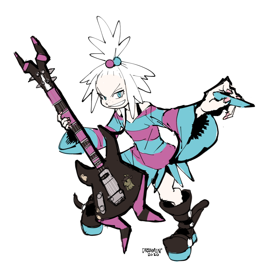 1girl, bare_shoulders, bass_guitar, blue_eyes, boots, bra_strap, commission, dreaminerryday