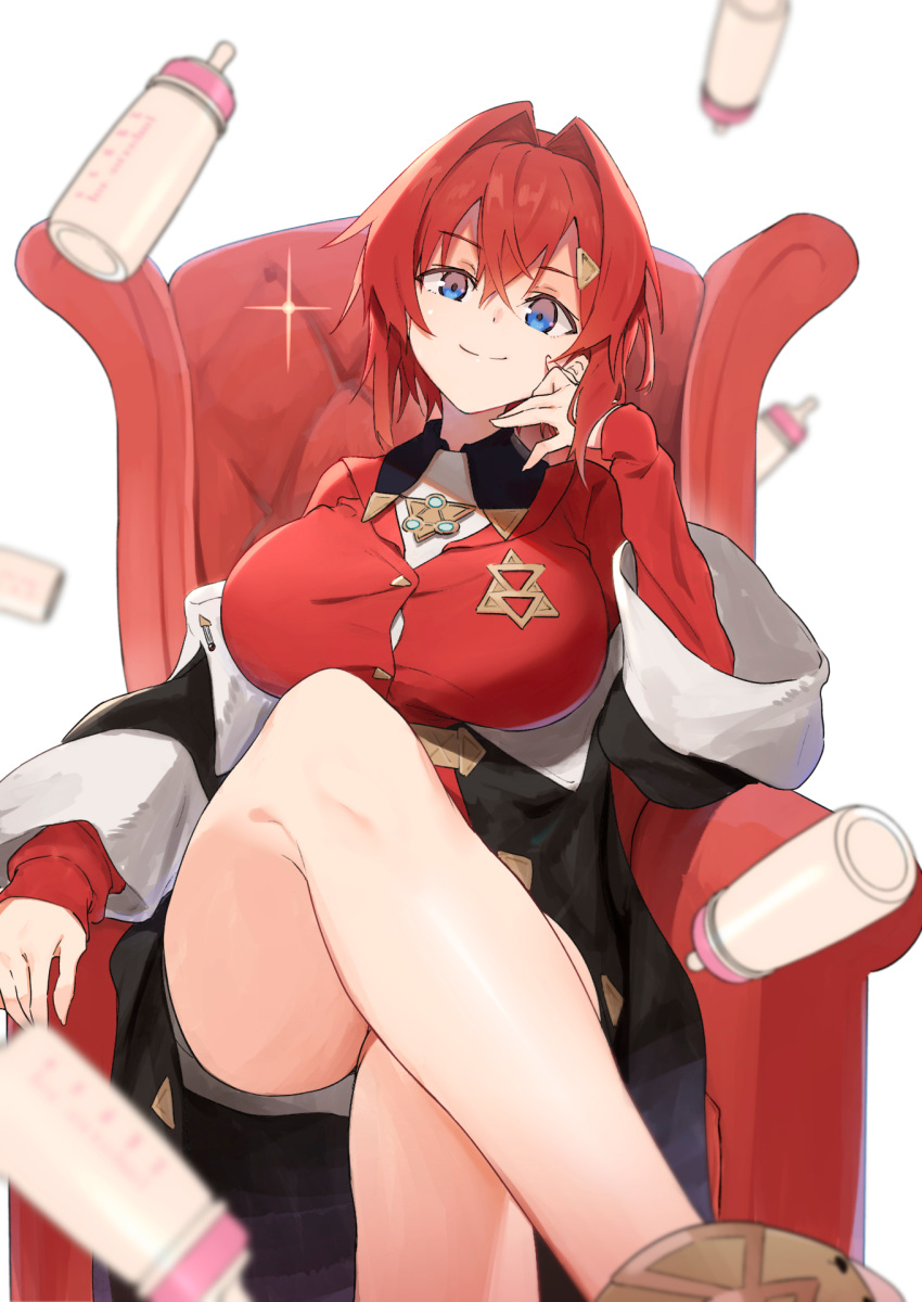 1girl, alternate_breast_size, ange_katrina, blue_eyes, bottle, breasts, chair, commentary_request