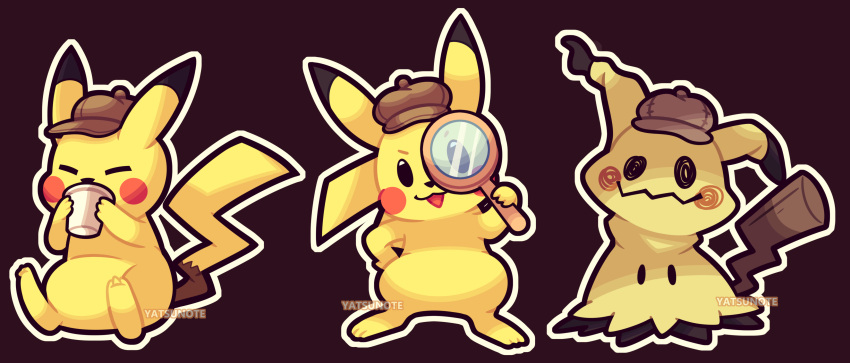 absurdres, black_background, brown_headwear, closed_eyes, commentary, cup, deerstalker, detective_pikachu