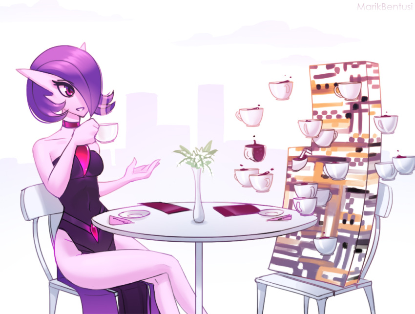alternate_hair_color, chair, creature, cup, dress, drinking, drinking_straw, flower, gardevoir, gen_3_pokemon, holding, holding_cup, looking_at_another, marikbentusi, missingno., napkin, no_humans, plate, pokemon, pokemon_(creature), purple_dress, purple_hair, sitting, table, violet_eyes