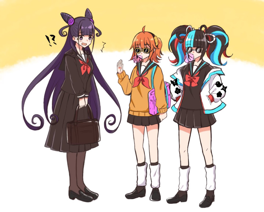3girls, ahoge, bag, chewing_gum, fate/grand_order, fate_(series), fujimaru_ritsuka_(female), hands_in_pockets