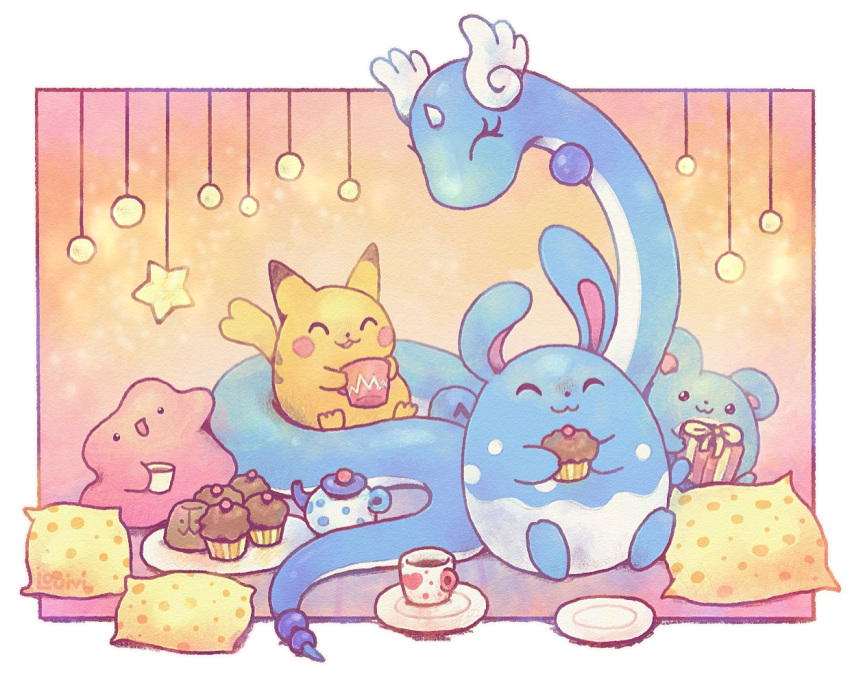 :3, ^_^, azumarill, box, closed_eyes, commentary, cup, cupcake, ditto, dragonair, english_commentary, eyelashes, food, gen_1_pokemon, gen_2_pokemon, gift, happy, holding, holding_box, holding_cup, holding_food, holding_gift, louivi, marill, no_humans, pikachu, pillow, pokemon, spiritomb, star