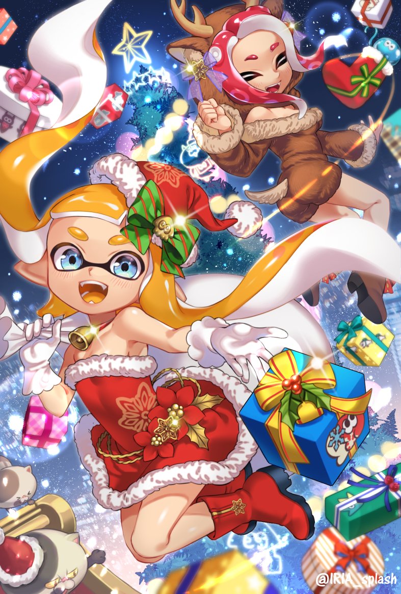 2girls, :d, animal_costume, animal_ears, antlers, bangs, bare_shoulders, bell