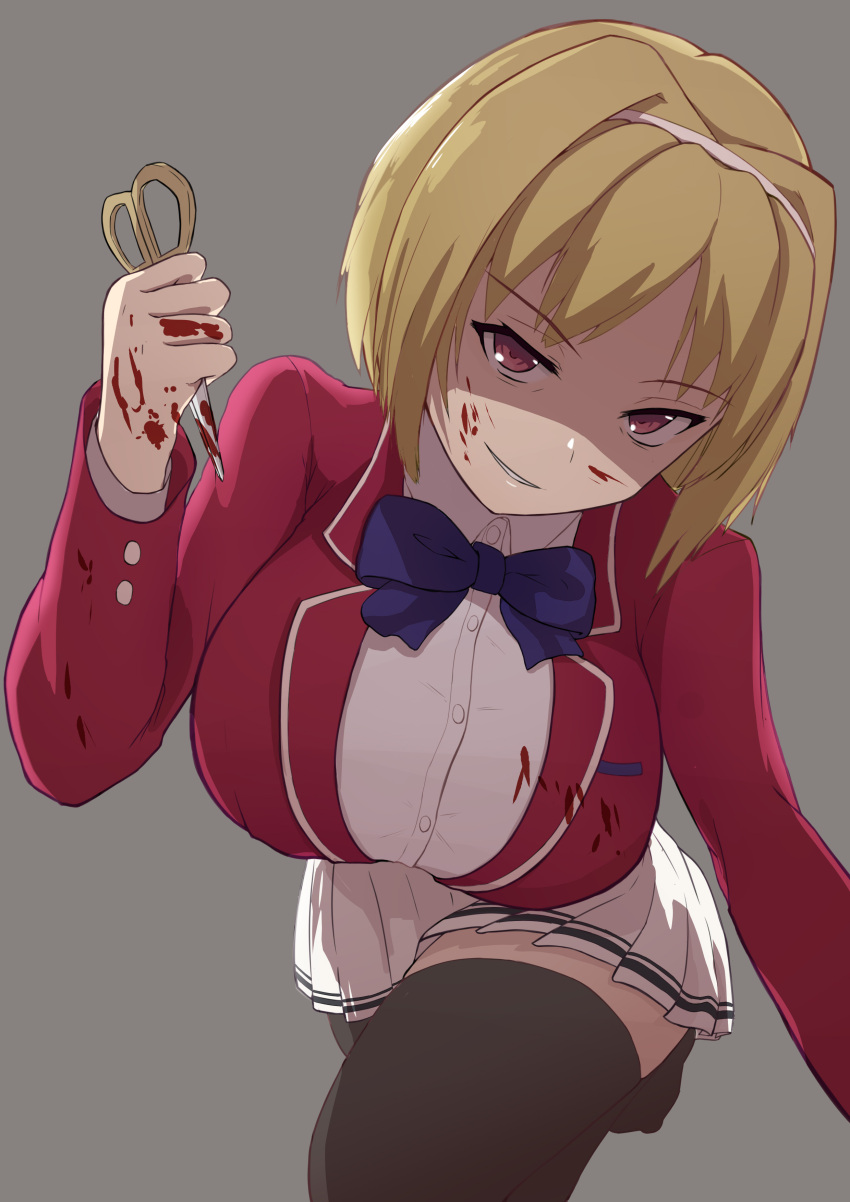 1girl, absurdres, blonde_hair, blood, blood_on_face, bloody_scissors, blue_bow, bow, breasts, grey_background, hairband, highres, kammen_liden_miran, kushida_kikyou, large_breasts, long_sleeves, looking_at_viewer, no_shoes, pleated_skirt, red_eyes, school_uniform, scissors, skirt, solo, standing, thigh-highs, white_skirt, yandere, youkoso_jitsuryoku_shijou_shugi_no_kyoushitsu_e, zettai_ryouiki