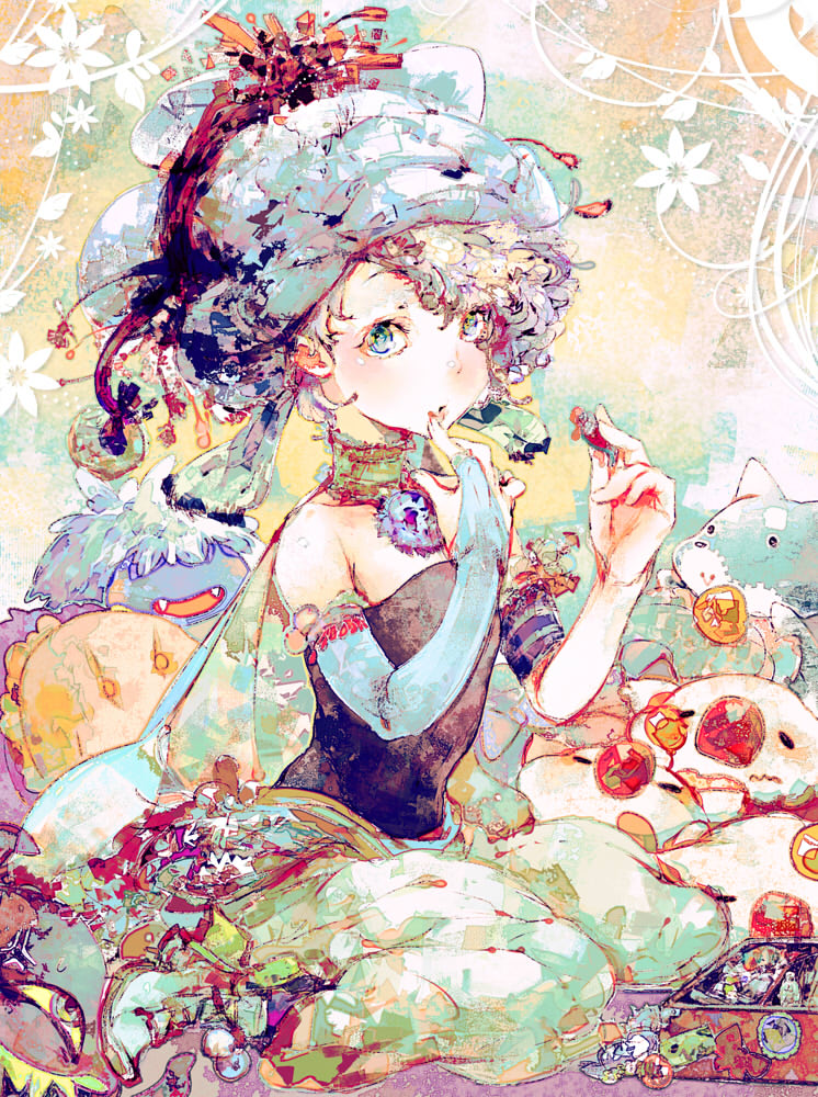 1girl, bare_shoulders, blonde_hair, bridal_gauntlets, commentary_request, detached_sleeves, elbow_gloves, final_fantasy