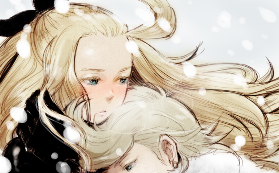 1boy, 1girl, ahoge, blonde_hair, blush, bow, bravely_default:_flying_fairy, bravely_default_(series)