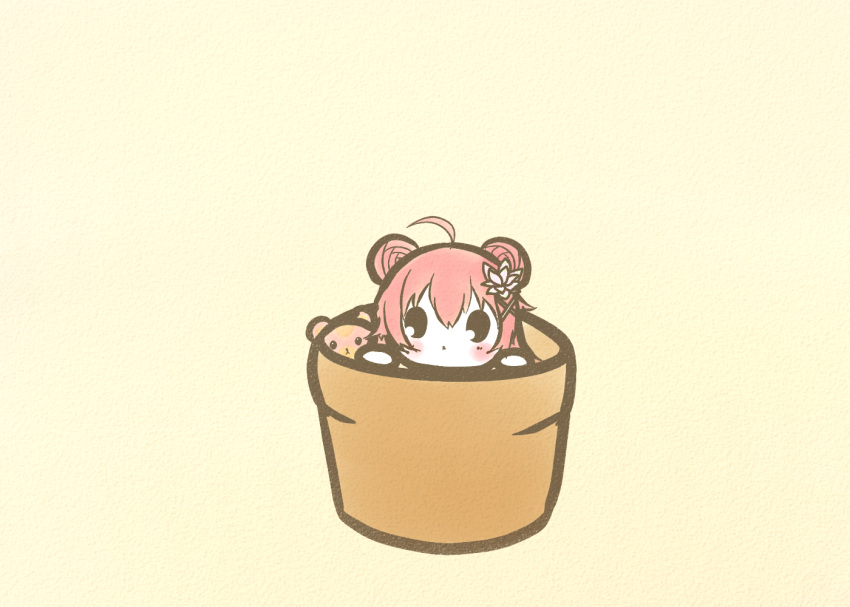 1girl, ahoge, beige_background, blush, chibi, commentary, curcuma_(flower_knight_girl), double_bun