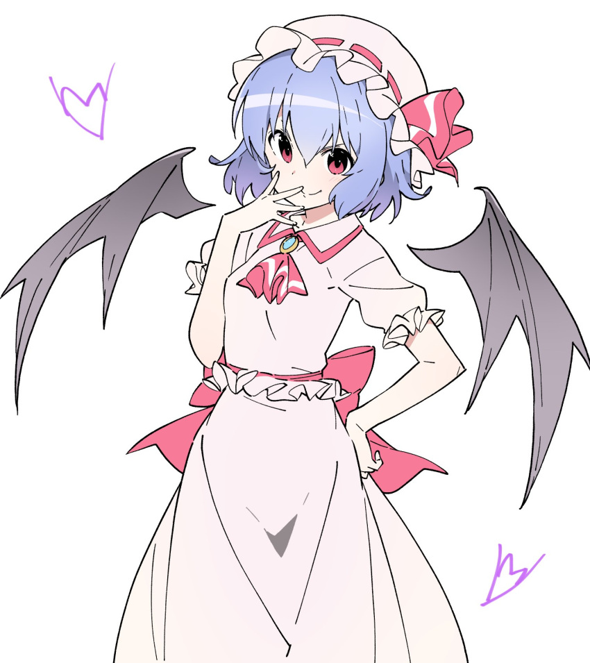 ascot, bangs, bat_wings, blue_hair, bow, brooch, cowboy_shot, doyagao, dress, frills, hand_on_hip, hand_on_own_face, hat, hat_ribbon, highres, jewelry, kt_kkz, mob_cap, pink_dress, puffy_short_sleeves, puffy_sleeves, red_bow, red_eyes, red_ribbon, remilia_scarlet, ribbon, ribbon_trim, sash, short_hair, short_sleeves, smirk, touhou, white_background, wings