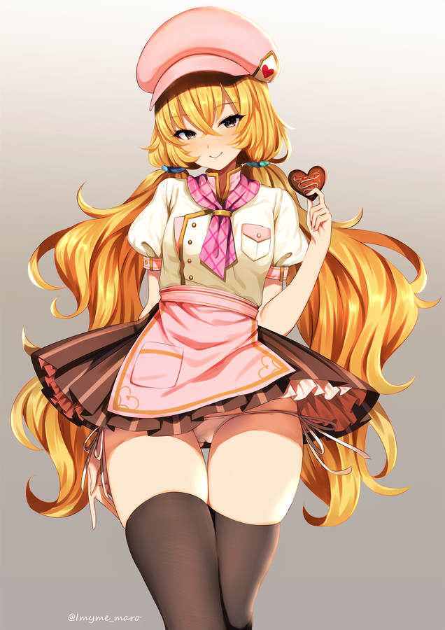 1girl, apron, artist_name, ass_visible_through_thighs, bangs, beryl_benito, black_legwear, blonde_hair, blush, breast_pocket, brown_eyes, brown_skirt, cabbie_hat, candy, chocolate, chocolate_heart, commentary_request, cowboy_shot, eyebrows_visible_through_hair, food, gradient, gradient_background, grey_background, hair_between_eyes, hand_up, hat, head_tilt, heart, holding, holding_food, long_hair, looking_at_viewer, low_twintails, marota, miniskirt, nose_blush, panties, pantyshot, pantyshot_(standing), pink_apron, pink_headwear, pink_neckwear, pocket, puffy_short_sleeves, puffy_sleeves, shirt, short_sleeves, side-tie_panties, skindentation, skirt, smile, solo, standing, striped, tales_of_(series), tales_of_hearts, thigh-highs, thighs, twintails, twitter_username, underwear, vertical-striped_skirt, vertical_stripes, very_long_hair, waist_apron, white_panties, white_shirt