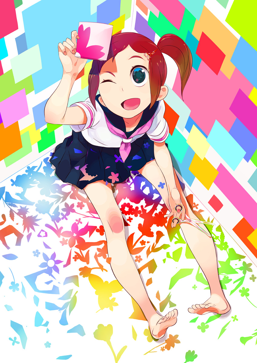 blue_eyes, brown_hair, colorful, colors, feet, hair_ornament, hairclip, highres